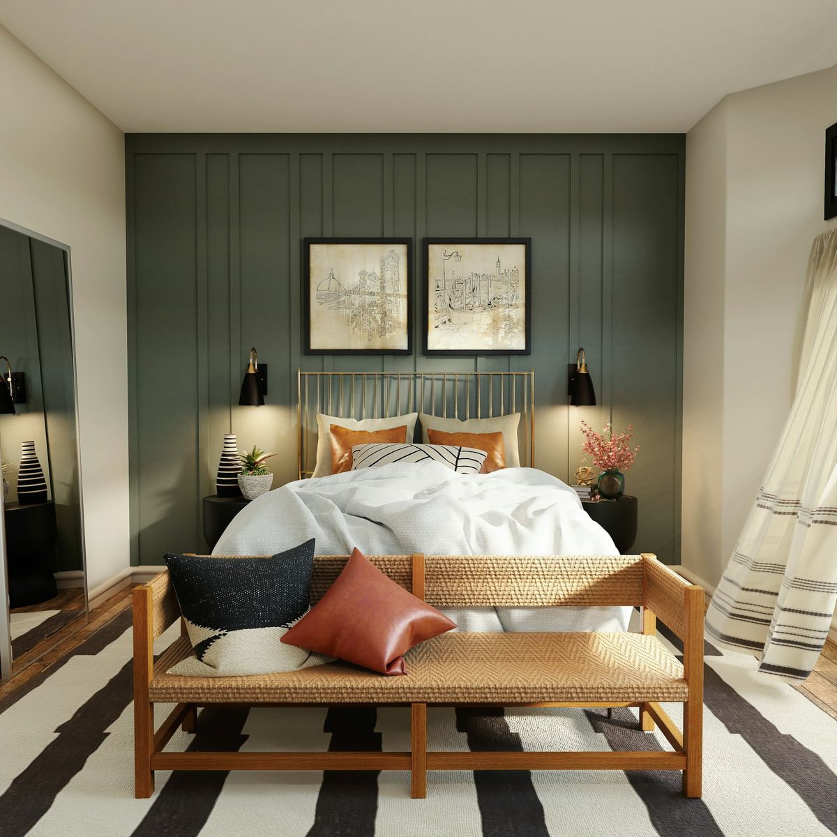 Bedroom with a clean area rug and upholstered furniture